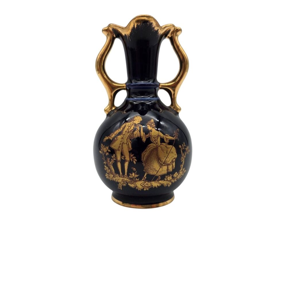 Vintage Limoges France Cobalt Blue Gilded Miniature Vase Gold Courting Couple 5"